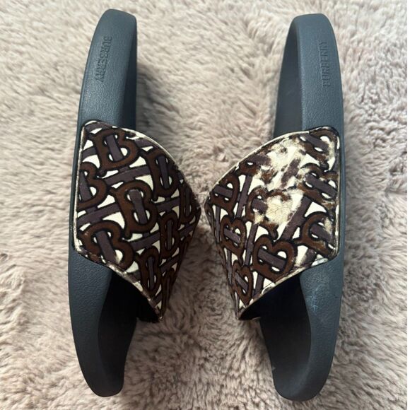 Burberry Size 42 Furley Tb Flock Leather Pool Slides In Bridle Brown - Picture 10 of 14
